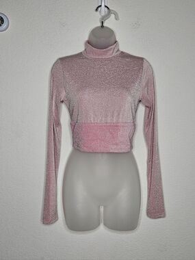 Naked Wardrobe Pink Glitter Crop Top Long Sleeve Turtleneck Sparkly Stretch NWOT